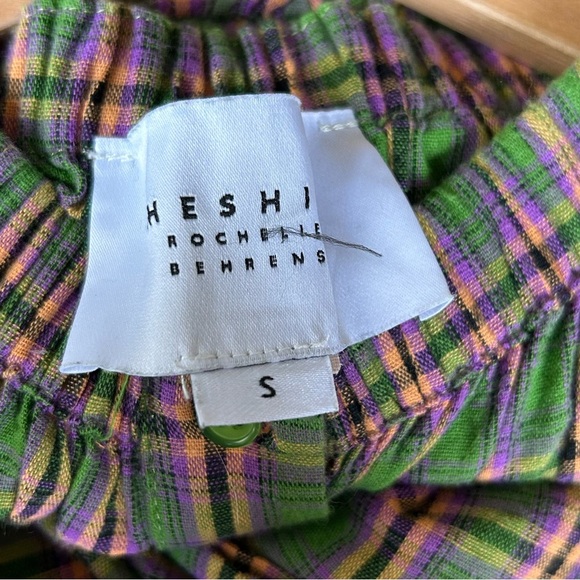 shirt by rochelle behrens Green Pink Flannel Plaid Ruffle Long Sleeve Dress Sz S - Picture 12 of 12